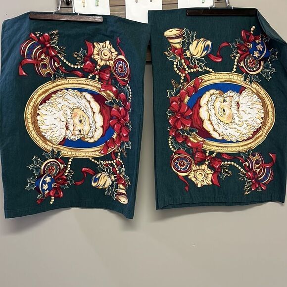 Domestications Set of 2 100% Cotton Flannel Santa Ornaments Green Pillowcases - Picture 2 of 16